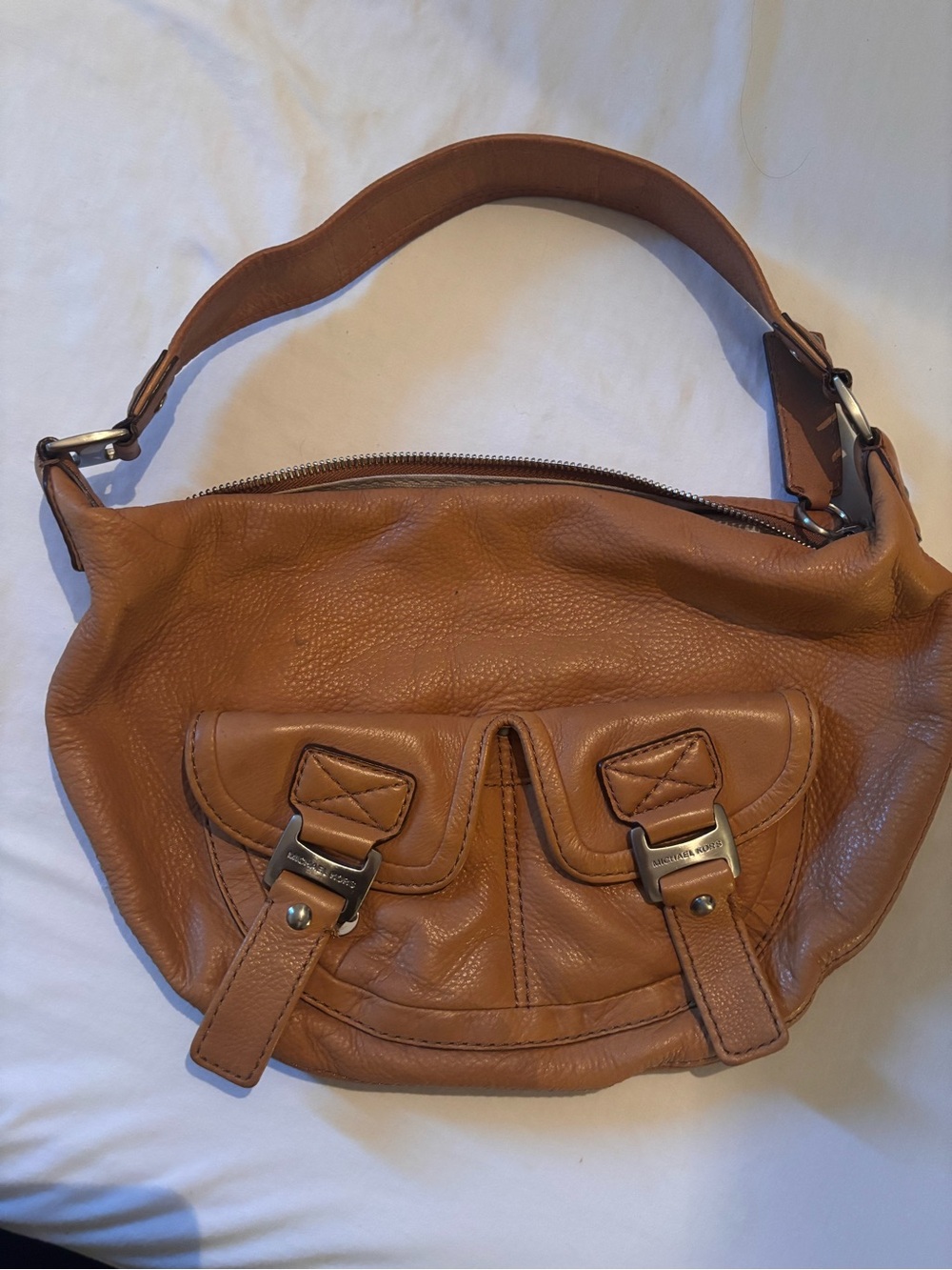 Michael Kors Cognac Leather Shoulder Bag with Front Buckle Pockets
